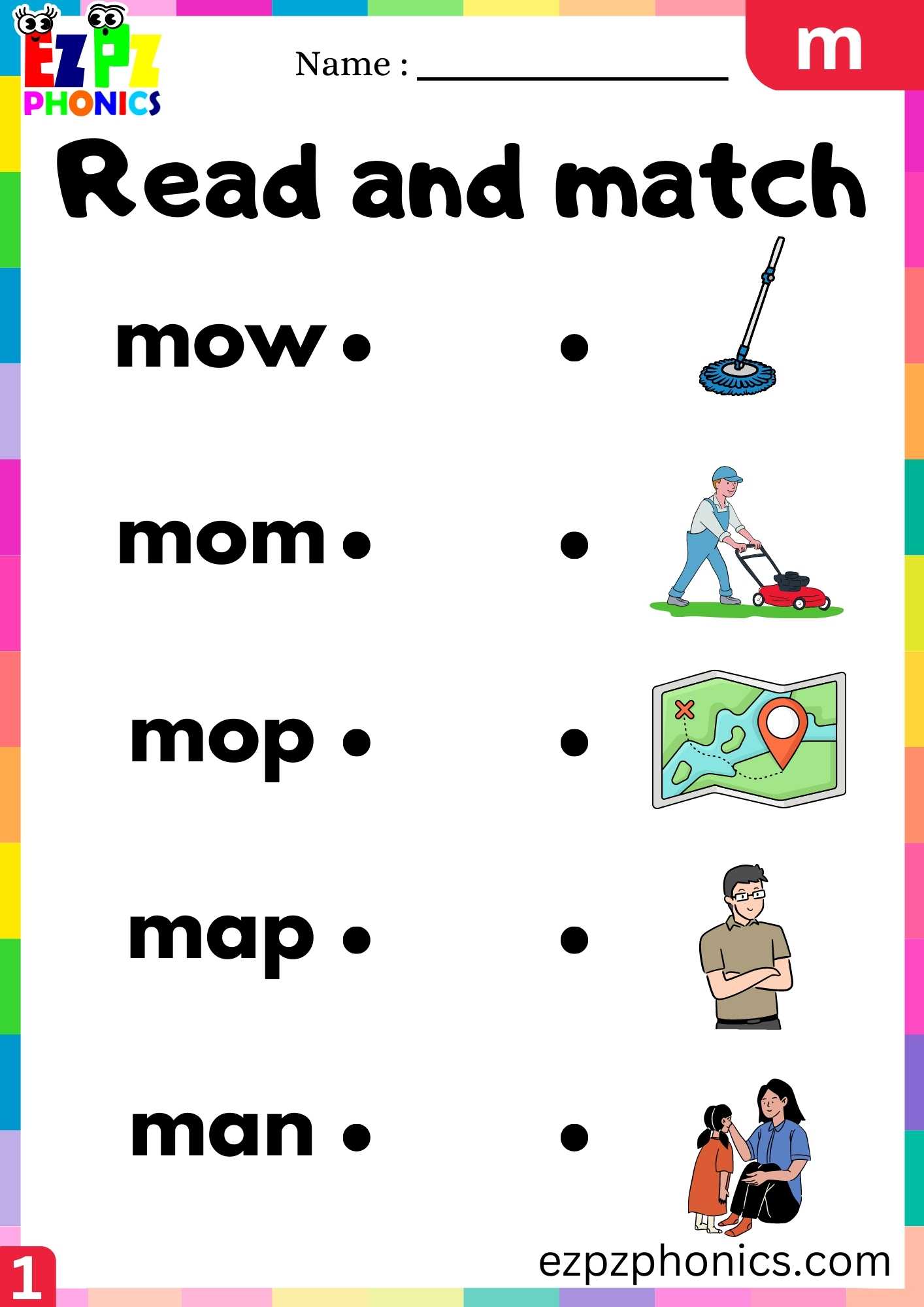 Letter M Read And Match Beginning Sounds Worksheet